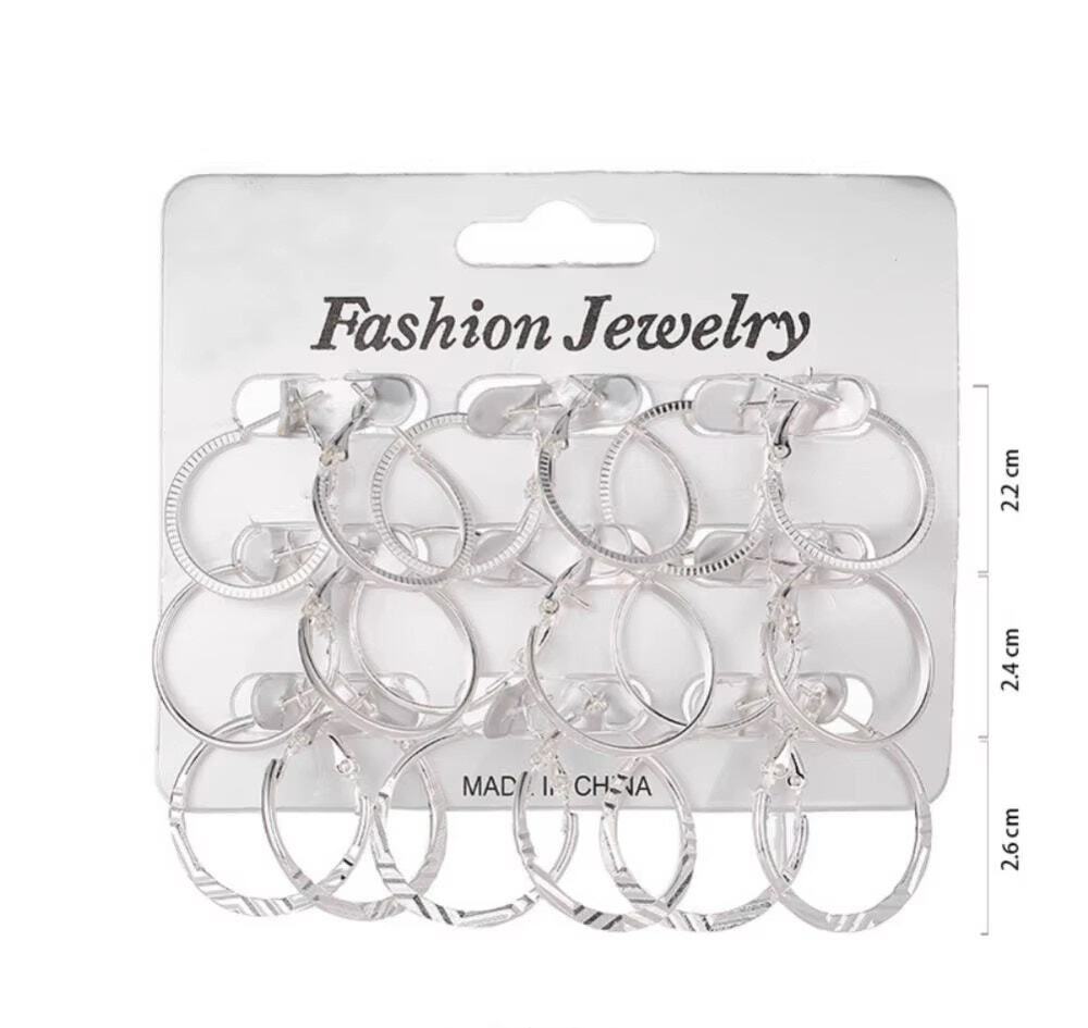 4308 NIP 9 Pair 1" Trendy Silvertone Hoops Punk Exaggerated Earrings Set Trendy